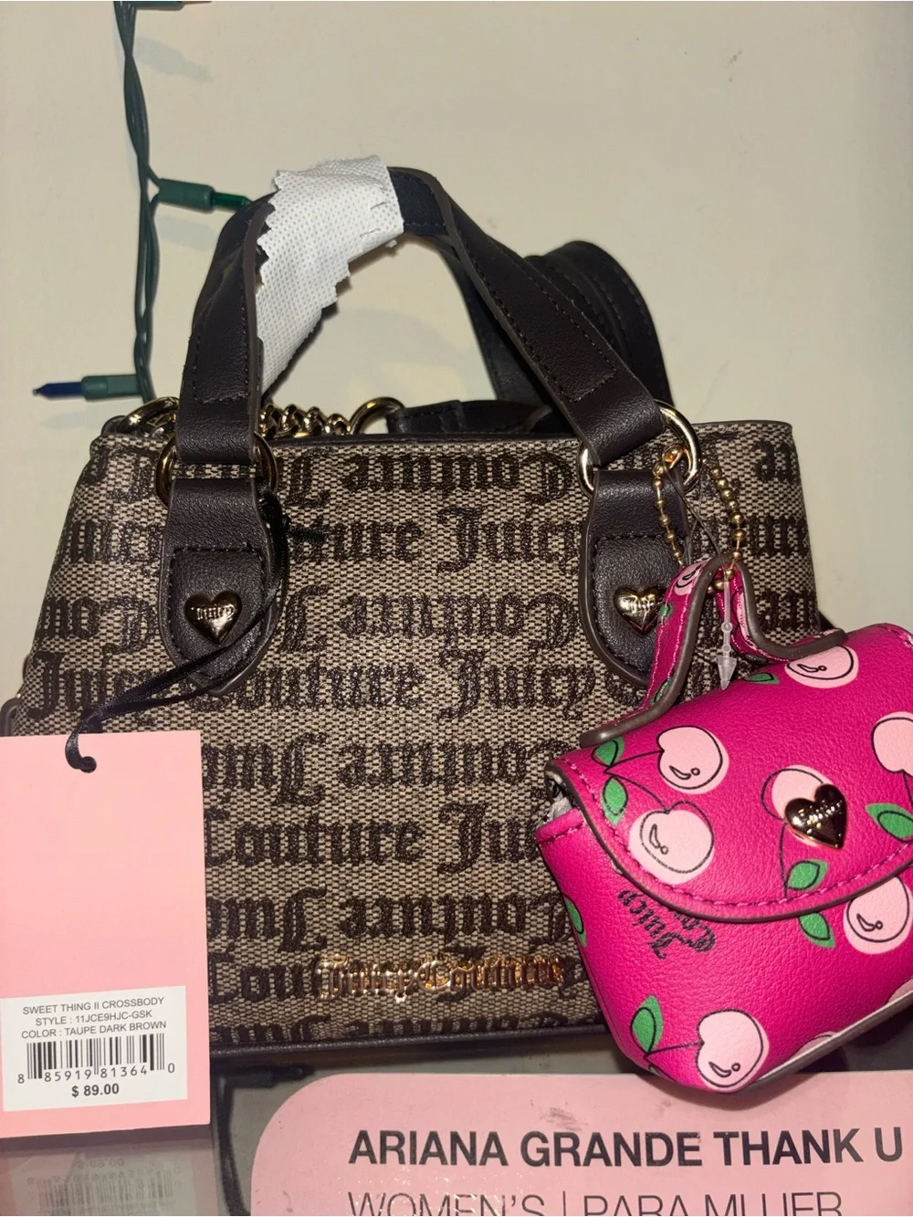Juicy Couture Taupe Brown Logo Satchel with Pink Cherry Coin Pouch
